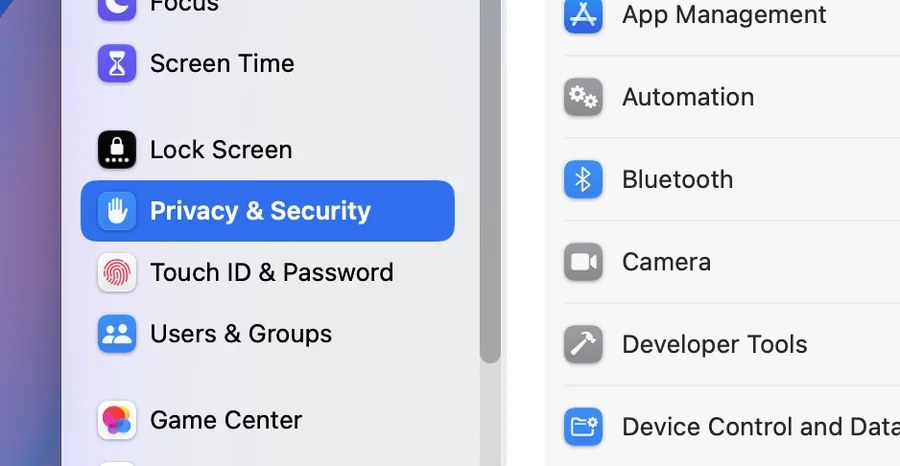 Privacy & Security in System Settings