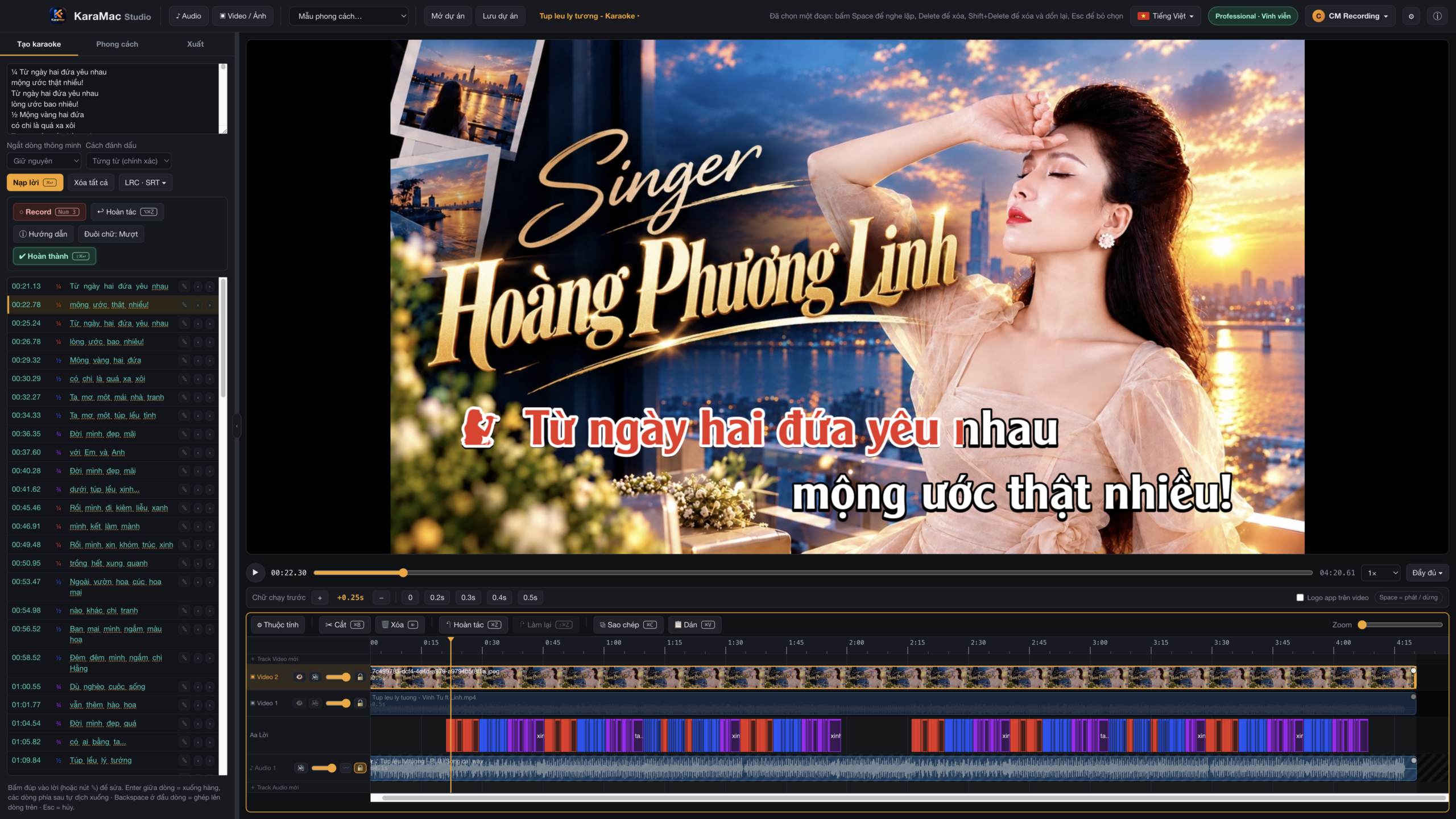 Kara Studio karaoke software for Mac and Windows: timeline and word-by-word lyrics